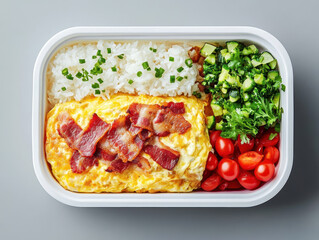Nutritious Bento Box: A meticulously arranged bento box featuring a savory omelet topped with crispy bacon, fluffy rice, fresh tomatoes, and a vibrant cucumber salad.