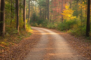 Fototapeta premium Winding path through vibrant autumn forest, golden leaves scatte