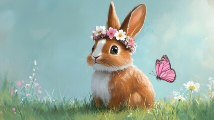 A charming brown-and-white rabbit adorned with a delicate flower crown perches gracefully, its soft fur contrasting with the darkened tips of its ears against a vibrant floral tiara
