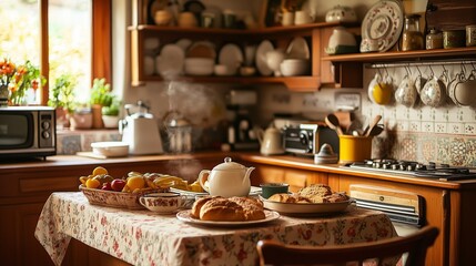 A charming rustic kitchen with morning light illuminating a table set for breakfast, featuring a teapot and fresh pastries.