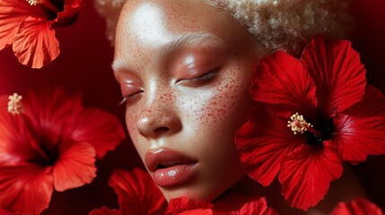 Serene close-up of a freckled face with closed eyes, enveloped by vibrant red hibiscus flowers, creating an ethereal ambiance.