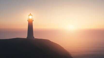 A serene lighthouse stands on a cliff, illuminated by the warm glow of a sunset over a tranquil ocean horizon.