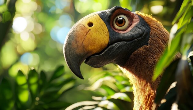 Closeup of a Brown and Yellow Bird in Lush Green Foliage