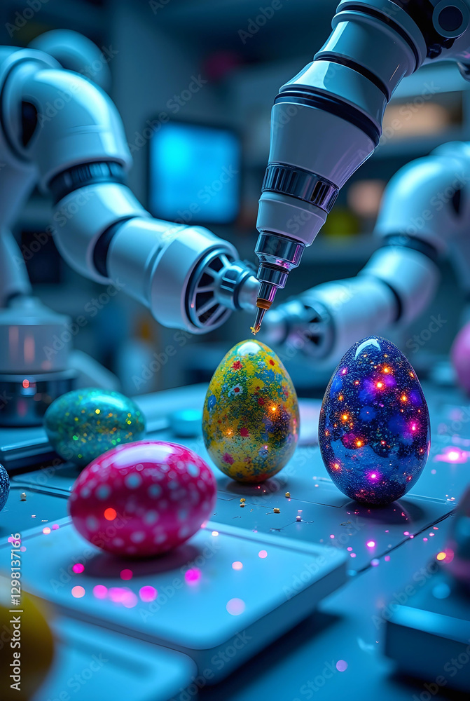 Poster a combination of easter and technology, a robotic hand delicately holds a glowing, intricately patte