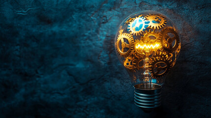 A glowing light bulb with golden gears inside symbolizes innovation and creative problem-solving, representing modern technological solutions and industrial design in a blank, minimalist setting