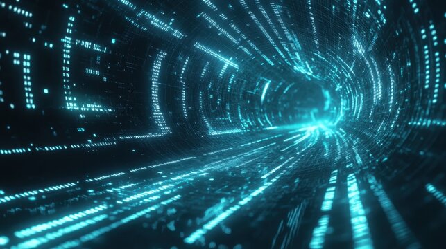 Abstract financial technology background with stock market graphs, binary digits, and glowing digital lines
