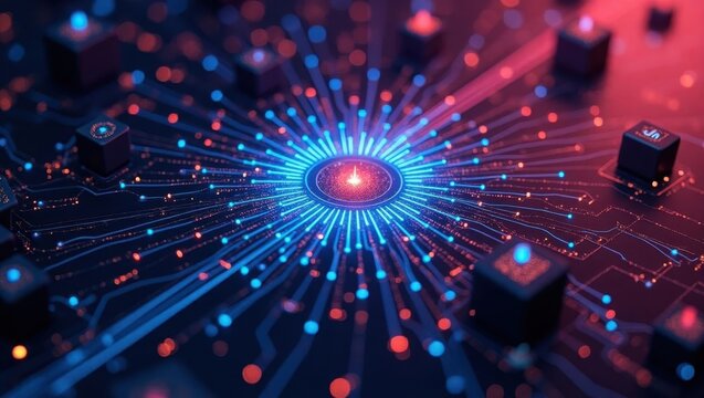 Ai Library. Futuristic glowing blue microchip with red digital circuits radiating connection signals, technology concept for innovation, electronics, data processing on dark tech background with neon