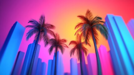Vibrant neon cityscape featuring futuristic skyscrapers with glowing blue and pink hues against a tropical sunset with palm silhouettes in a digital art style