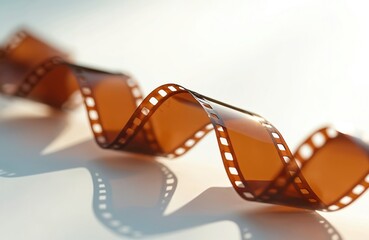 Twisted 35mm film strip background with curled celluloid ribbon on white. Retro camera vintage photographic filmstrip roll. Photo concept with blank pictures for analog photography motion picture