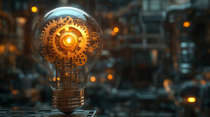 A glowing light bulb with golden gears inside symbolizes innovation and creative problem-solving, representing modern technological solutions and industrial design in a blank, minimalist setting