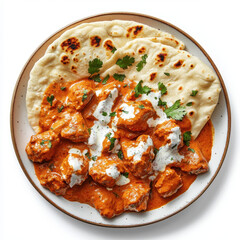 Culinary Delight: Butter Chicken and Naan: A mouth-watering overhead shot of butter chicken served with naan bread, creating a vibrant and tempting visual