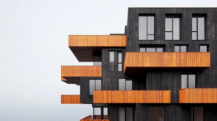 Modern residential apartment building with bold black and wooden facade featuring stacked geometric balconies in contemporary architectural design