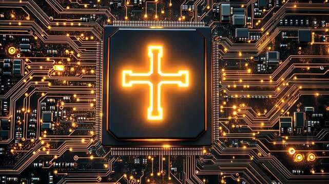 Illuminated cross integrated into circuit board design, symbolizing faith and technology
