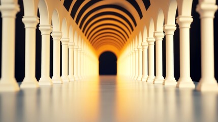Elegant architectural hallway with golden arches and symmetrical columns leading into a mysterious glowing entrance in a futuristic perspective