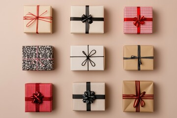 Obraz premium Colorful Gift Boxes Arranged in a Flat Lay for Celebratory Occasions