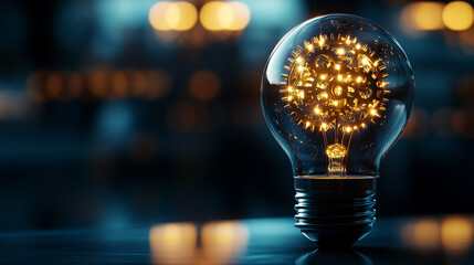 A glowing light bulb with golden gears inside symbolizes innovation and creative problem-solving, representing modern technological solutions and industrial design in a blank, minimalist setting