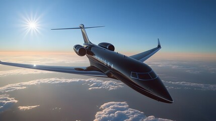 Obraz premium Sleek Private Jet Soaring Through Clear Blue Sky at Sunset