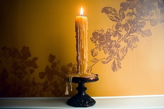 Melted beeswax candle on an antique stand against a floral wallpaper background creating a romantic and intimate setting.
