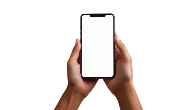 hand holding smart phone with blank screen isolated on white background