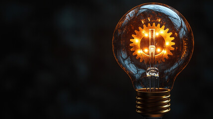 A glowing light bulb with golden gears inside symbolizes innovation and creative problem-solving, representing modern technological solutions and industrial design in a blank, minimalist setting