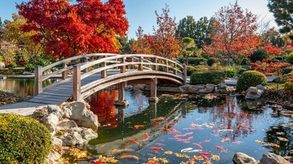 Obraz premium Autumn Serenity: Japanese Garden Bridge and Koi Pond