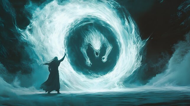 Powerful Sorcerer Summoning Creature with Mystic Energy Portal