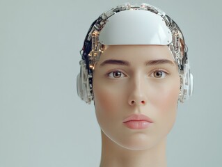 Futuristic woman with robotic enhancements and metallic headgear looking directly at camera humanoid cybernetic AI portrait