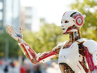 Advanced humanoid robot waving in futuristic city street detailed AI driven robotic innovation artificial intelligence progress