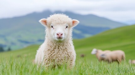 Fototapeta premium Cute lamb in grassy pasture, mountains in background, for animal, nature, and farm theme