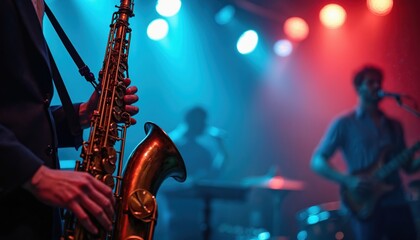 Fototapeta premium Jazz club concert with saxophonist in blue and red ambient light. Live music performance with band on stage. Man plays sax with passion. Nightlife, entertainment, jazzy vibes. Music festival event.