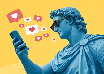 The image features a blue statue resembling a classical figure, holding a smartphone. The statue is wearing sunglasses and is surrounded by colorful speech bubbles with heart icons