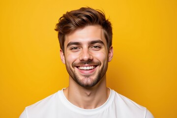 Fototapeta premium Cheerful Young Man with Short Brown Hair and Beard Smiling Against a Bright Yellow Background, Radiating Positivity and Confidence in a Studio Setting