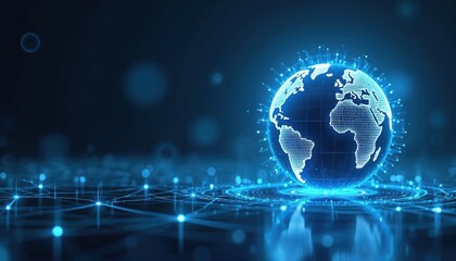 Modern technology background with earth globe made with generative AI tech. Planet map hovers over illuminated network, symbolizes global digital connection, cyberspace communications.