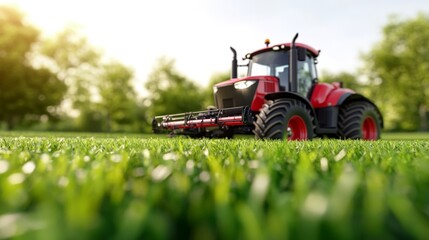 Fototapeta premium Modern agricultural tractor in lush green field during sunny day showcasing cutting edge precision farming and sustainable agriculture methods
