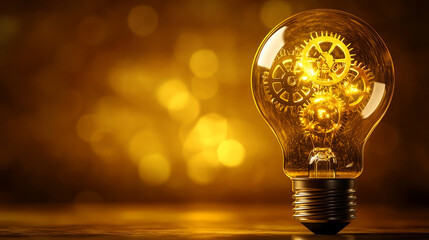 A glowing light bulb with golden gears inside symbolizes innovation and creative problem-solving, representing modern technological solutions and industrial design in a blank, minimalist setting