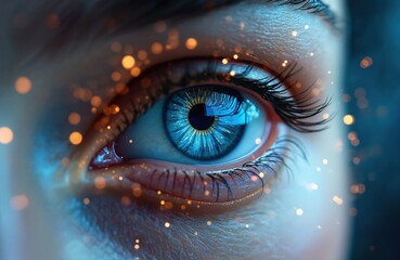 Close-up of blue human eye with digital tech design elements, bokeh lights. Futuristic eye vision concept, data analysis, technological advance visual recognition, cybersecurity, biometric