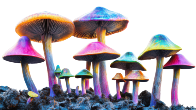 Colorful hallucinogenic mushrooms isolated on white background