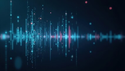 Fototapeta premium Ai Video Translation. Digital blue soundwave with glowing particles ab