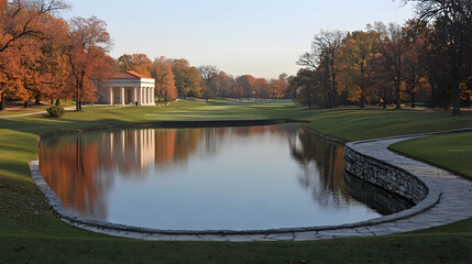 Obraz premium Autumnal golf course with reflecting pavilion