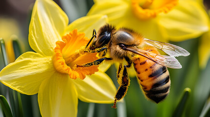 Bee pollinating daffodil in garden spring