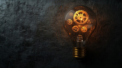 A glowing light bulb with golden gears inside symbolizes innovation and creative problem-solving, representing modern technological solutions and industrial design in a blank, minimalist setting