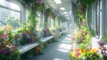 Obraz premium Flower-filled train car interior, sunlight streams through windows.