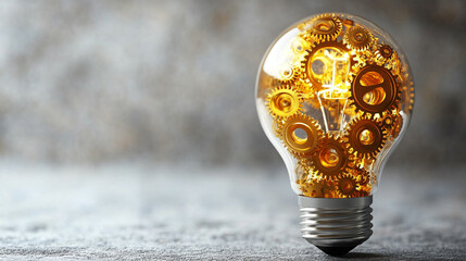 A glowing light bulb with golden gears inside symbolizes innovation and creative problem-solving, representing modern technological solutions and industrial design in a blank, minimalist setting