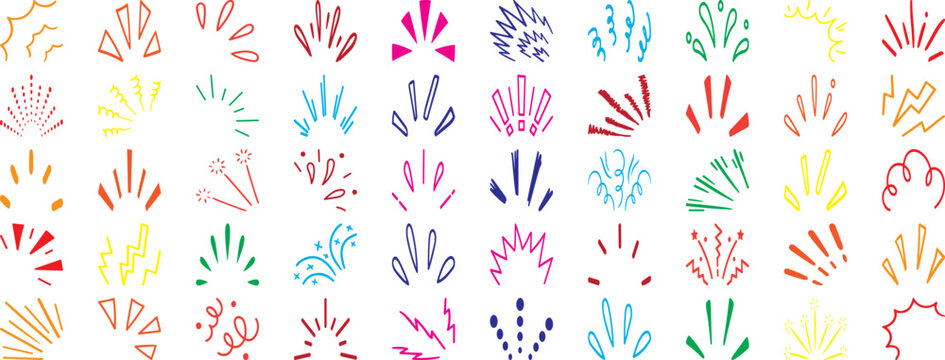 Line confetti exclamation icon elements. Hand drawn confetti explosion burst ray shine line icon illustration. Spark exclamation emphasis ray twinkle starburst decoration.