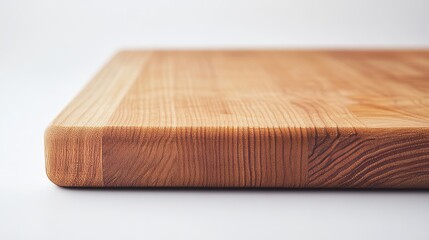 A wooden cutting board, photographed up close, against a white background.
