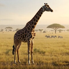 Gentle Giraffe Gazing Over the African Plains AI Image