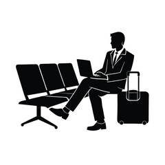 Busy traveler silhouette working on laptop while waiting
