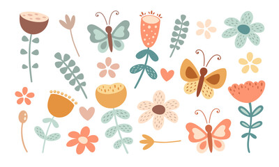 Floral clipart set with cute flowers, plants, butterfly in pastel colors. Spring, summer hand drawn vector illustration
