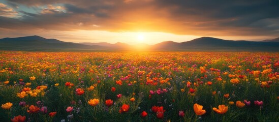 Sunset wildflowers field, mountains