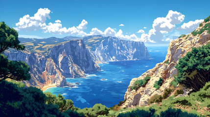 Coastal Cliffscape, Sunny Day, Mediterranean Sea View